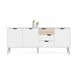 Buffet - Blanc / Chene - 3 portes / 3 tiroirs - Pietement évasé en bois massif - 195,7 x 39,1 x 81,7 cm