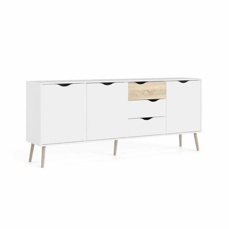 Buffet - Blanc / Chene - 3 portes / 3 tiroirs - Pietement évasé en bois massif - 195,7 x 39,1 x 81,7 cm