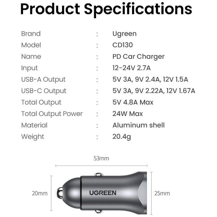 Chargeur voiture - UGREEN - 1 USB-C + 1 USB-A - 30W - Gris