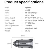 Chargeur voiture - UGREEN - 1 USB-C + 1 USB-A - 30W - Gris