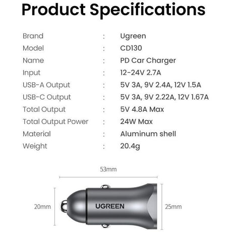 Chargeur voiture - UGREEN - 1 USB-C + 1 USB-A - 30W - Gris