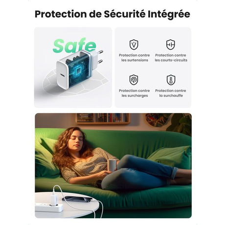 Chargeur secteur - UGREEN - 1 Port USB-C - 20W - Blanc