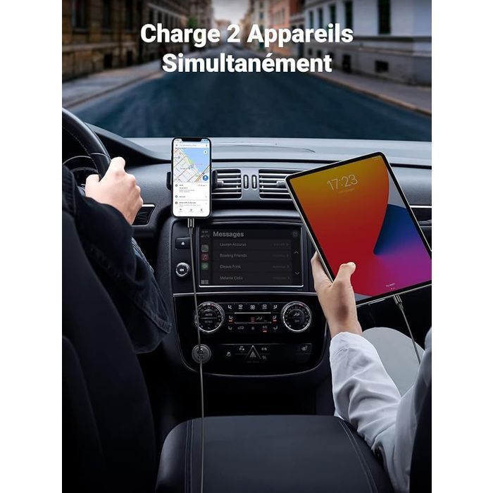 Chargeur voiture - UGREEN - 1 USB-C + 1 USB-A - 63W - Gris