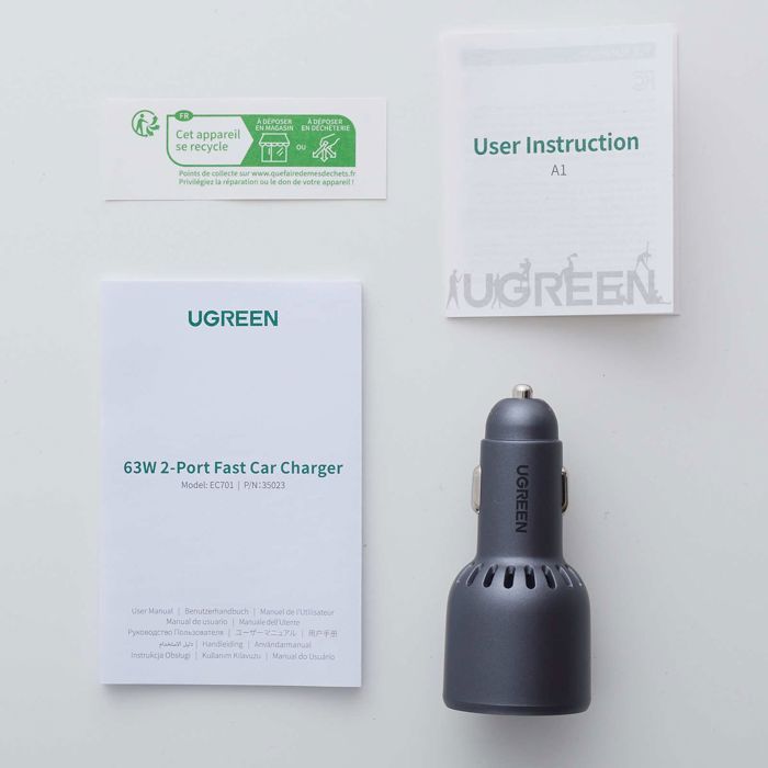 Chargeur voiture - UGREEN - 1 USB-C + 1 USB-A - 63W - Gris