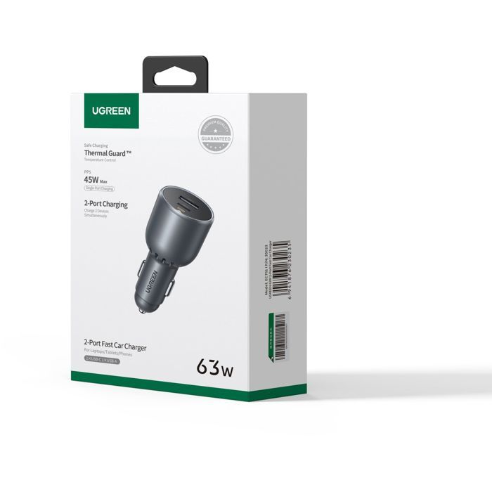 Chargeur voiture - UGREEN - 1 USB-C + 1 USB-A - 63W - Gris