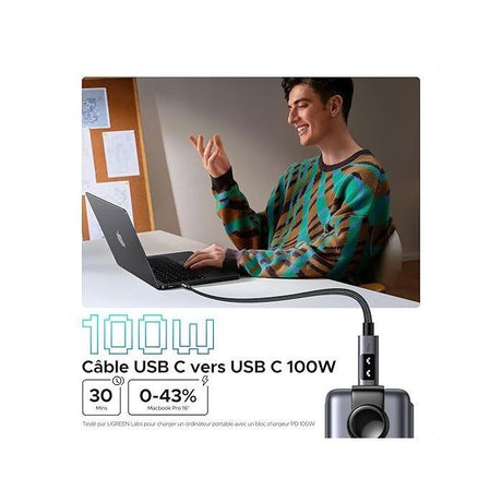 Câble USB-C - UGREEN - Câble data USB-C a USB-C PD 100W - Nylon tressé - 2 m - Noir