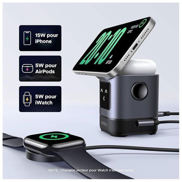 Station de charge 2 en 1 - UGREEN - Robot - Qi2 - Noir
