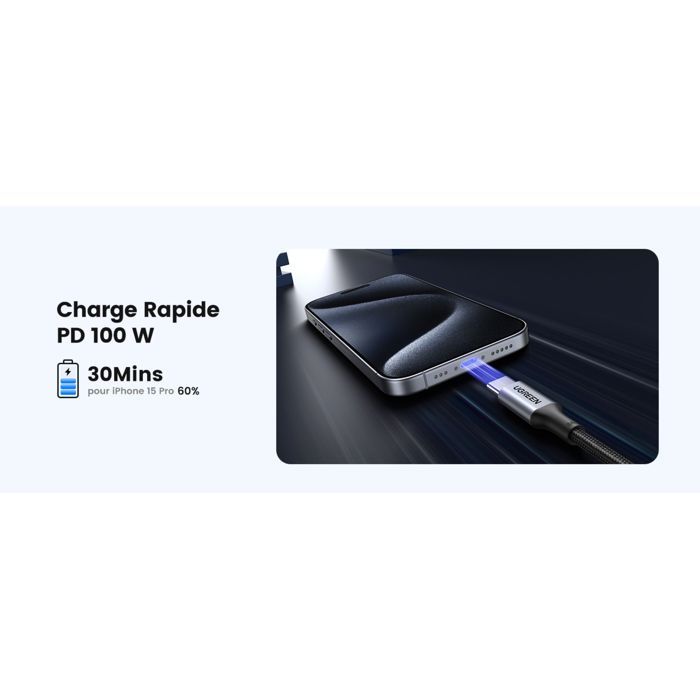 Câble USB-C - UGREEN - Câble renforcé type C vers C - 1 m - 100W - Noir