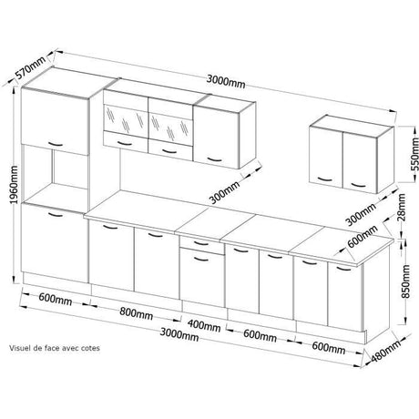 ULTRA Cuisine complete avec colonne four et plan de travail inclus - L 300 cm - 9 éléments - Gris mat