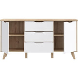 Buffet 150 cm - VANKKA - Chene / Blanc mat - 2 portes - 3 tiroirs