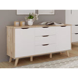 Buffet 150 cm - VANKKA - Chene / Blanc mat - 2 portes - 3 tiroirs