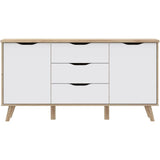 Buffet 150 cm - VANKKA - Chene / Blanc mat - 2 portes - 3 tiroirs