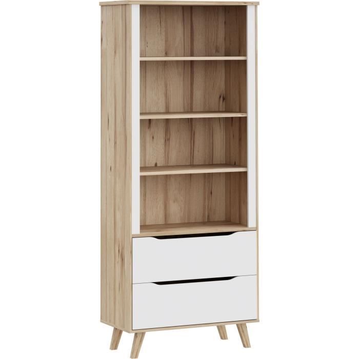 Bibliotheque - VANKKA - 4 étageres - 2 tiroirs - Chene / Blanc - 87,7 x 41,7 x 201,5 cm