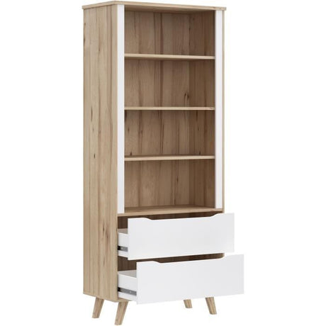 Bibliotheque - VANKKA - 4 étageres - 2 tiroirs - Chene / Blanc - 87,7 x 41,7 x 201,5 cm
