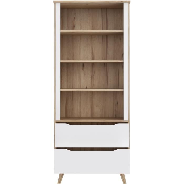 Bibliotheque - VANKKA - 4 étageres - 2 tiroirs - Chene / Blanc - 87,7 x 41,7 x 201,5 cm