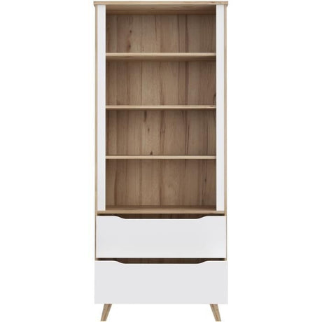 Bibliotheque - VANKKA - 4 étageres - 2 tiroirs - Chene / Blanc - 87,7 x 41,7 x 201,5 cm