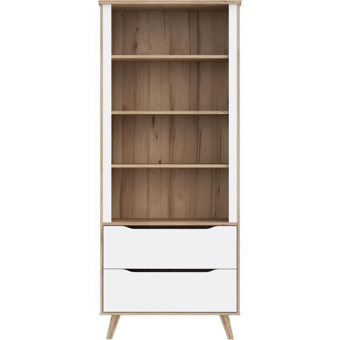 Bibliotheque - VANKKA - 4 étageres - 2 tiroirs - Chene / Blanc - 87,7 x 41,7 x 201,5 cm