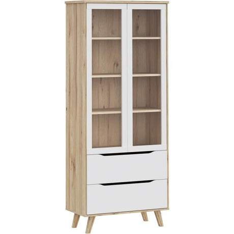 Vitrine - VANKKA - 2 portes vitrées - Chene / Blanc mat - 84,7 x 41,7 x 201,5 cm