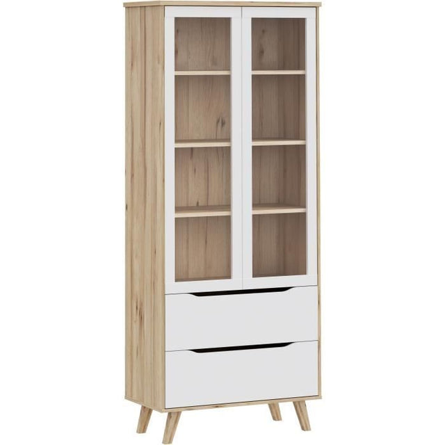 Vitrine - VANKKA - 2 portes vitrées - Chene / Blanc mat - 84,7 x 41,7 x 201,5 cm