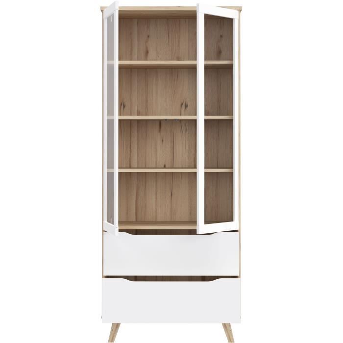 Vitrine - VANKKA - 2 portes vitrées - Chene / Blanc mat - 84,7 x 41,7 x 201,5 cm