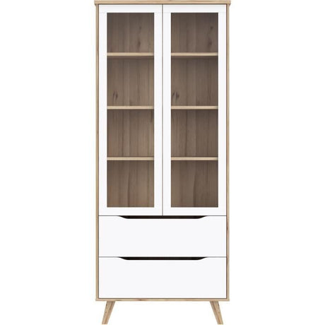 Vitrine - VANKKA - 2 portes vitrées - Chene / Blanc mat - 84,7 x 41,7 x 201,5 cm