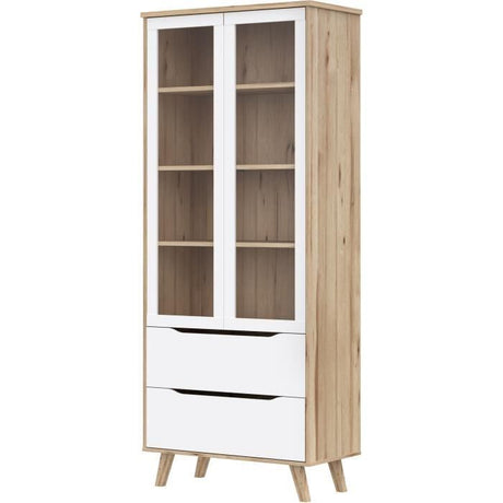 Vitrine - VANKKA - 2 portes vitrées - Chene / Blanc mat - 84,7 x 41,7 x 201,5 cm
