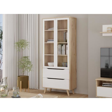Vitrine - VANKKA - 2 portes vitrées - Chene / Blanc mat - 84,7 x 41,7 x 201,5 cm
