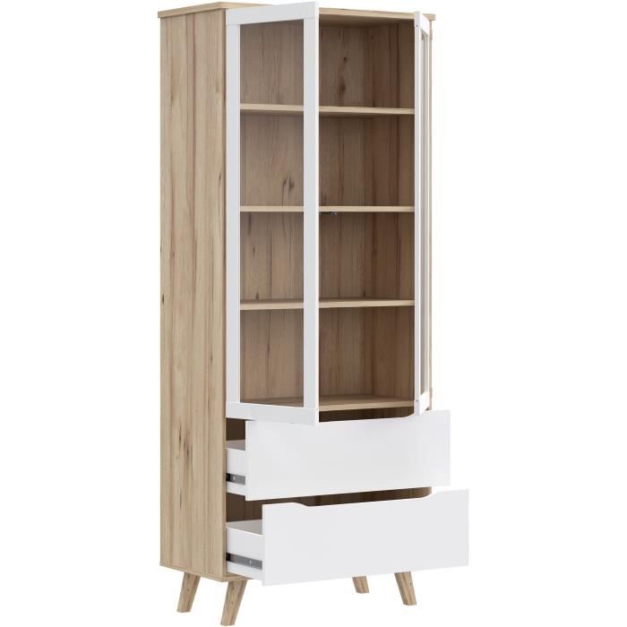 Vitrine - VANKKA - 2 portes vitrées - Chene / Blanc mat - 84,7 x 41,7 x 201,5 cm