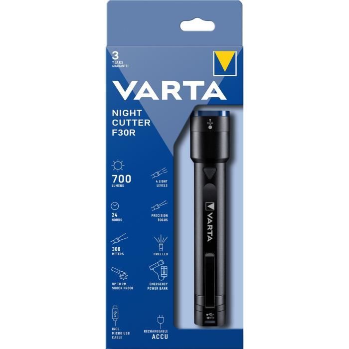 Torche-VARTA-Night Cutter F30R-700lm-Ultra puissante-Resistante au chocs (2m)-Rechargeable-Power Bank de secours inclus