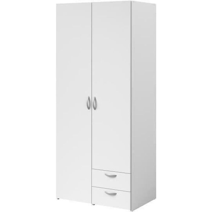 Armoire VARIA - Décor blanc - 2 portes battantes + 2 tiroirs  - L 81 cm x H 185 x P 51 cm - PARISOT