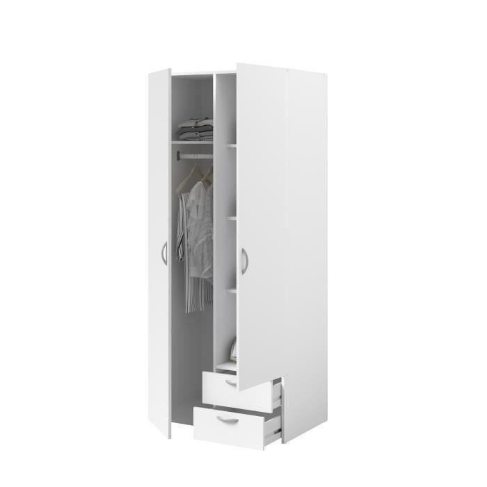 Armoire VARIA - DÈcor blanc - 2 portes battantes + 2 tiroirs  - L 81 cm x H 185 x P 51 cm - PARISOT