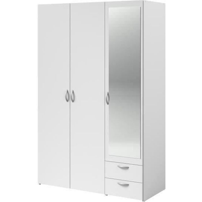 Armoire VARIA - Décor blanc - 3 portes battantes + miroir + 2 tiroirs - L 120 x H 185 x P 51 cm - PARISOT