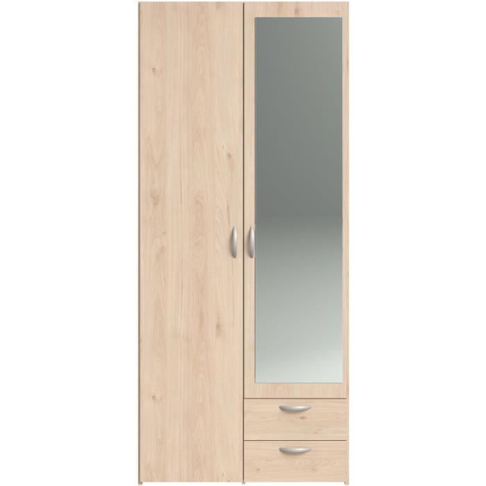 Armoire de chambre - VARIA - Décor chene - 2 portes dont 1 avec miroir - 2 tiroirs - 81 x 51 x 185 cm - PARISOT