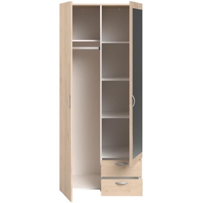 Armoire de chambre - VARIA - Décor chene - 2 portes dont 1 avec miroir - 2 tiroirs - 81 x 51 x 185 cm - PARISOT
