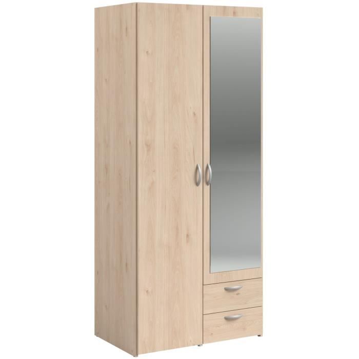 Armoire de chambre - VARIA - Décor chene - 2 portes dont 1 avec miroir - 2 tiroirs - 81 x 51 x 185 cm - PARISOT