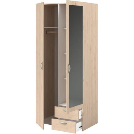 Armoire de chambre - VARIA - Décor chene - 2 portes dont 1 avec miroir - 2 tiroirs - 81 x 51 x 185 cm - PARISOT