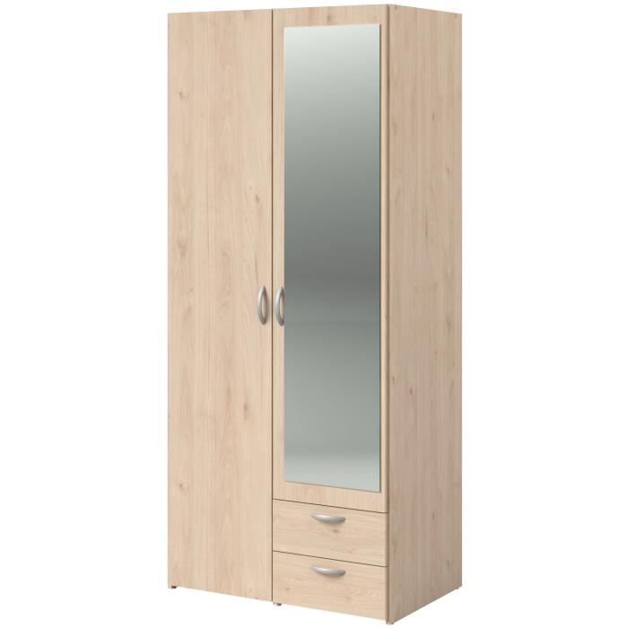 Armoire de chambre - VARIA - Décor chene - 2 portes dont 1 avec miroir - 2 tiroirs - 81 x 51 x 185 cm - PARISOT