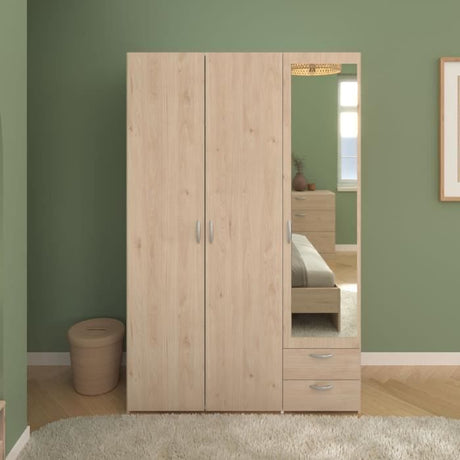 Chambre complete adulte VARIA - Lit 140x190/200 + 2 chevets + 1 commode + 1 armoire avec miroir - Décor Chene - PARISOT