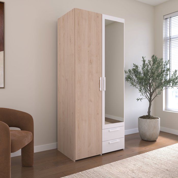 Armoire VARIA - Décor chene et blanc - 2 portes - Miroir - L 80,7 x P 51,7 x H 185 cm - PARISOT