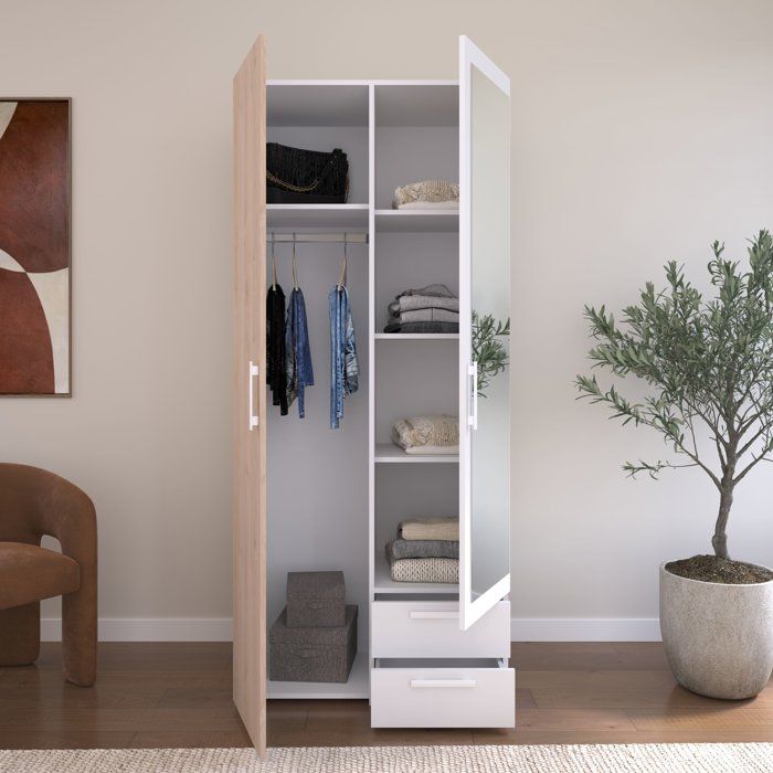 Armoire VARIA - Décor chene et blanc - 2 portes - Miroir - L 80,7 x P 51,7 x H 185 cm - PARISOT