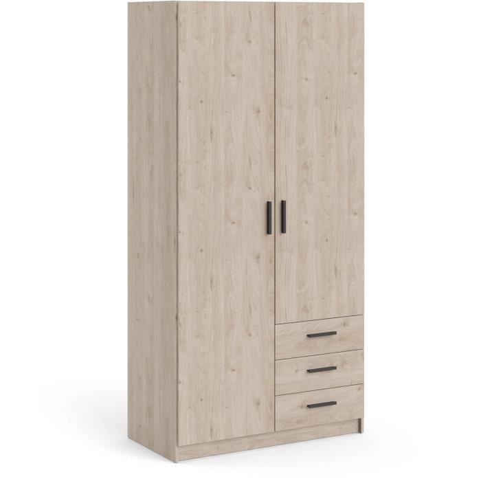 Armoire VEGA - Décor Gris anthracite - 2 portes + 3 tiroirs -  L 98,5 x P 49,6 x H 200,4 cm