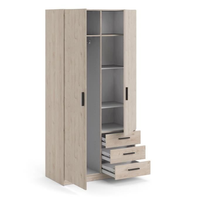 Armoire VEGA - Décor chene - 2 portes + 3 tiroirs -  L 98,5 x P 49,6 x H 200,4 cm