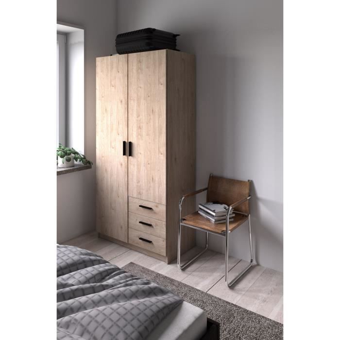 Armoire VEGA - Décor chene - 2 portes + 3 tiroirs -  L 98,5 x P 49,6 x H 200,4 cm