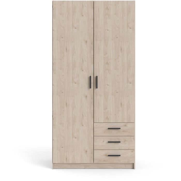 Armoire VEGA - Décor chene - 2 portes + 3 tiroirs -  L 98,5 x P 49,6 x H 200,4 cm