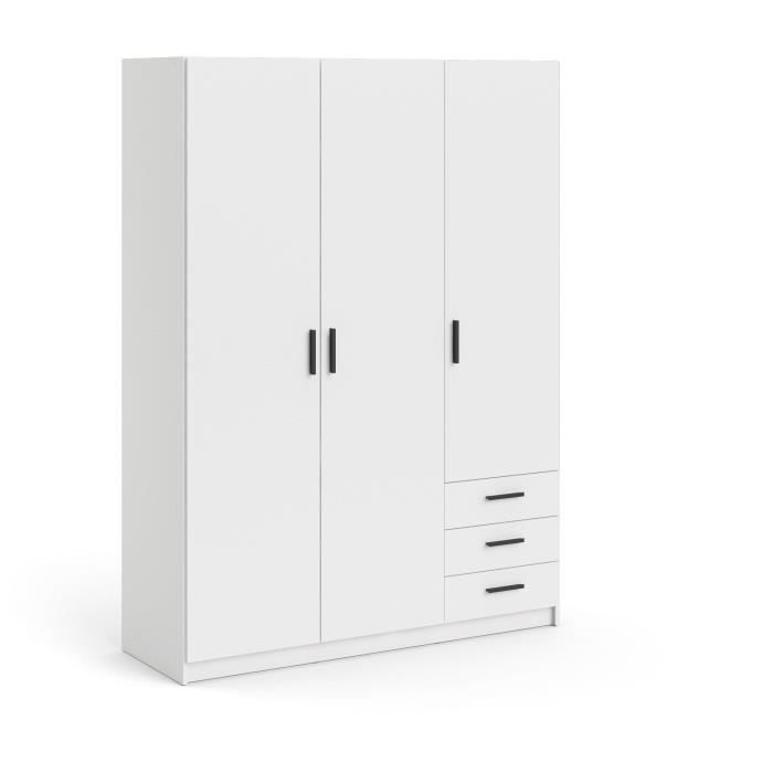 Armoire VEGA - Décor Blanc mat - 3 portes + 3 tiroirs - L 147 x P 49,6 x H 200,4 cm