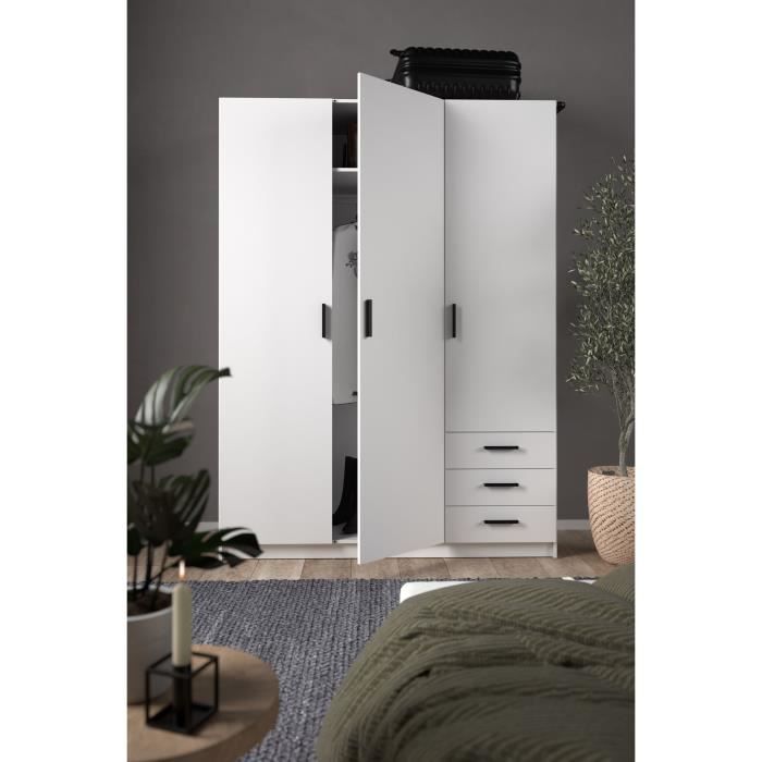 Armoire VEGA - Décor Blanc mat - 3 portes + 3 tiroirs - L 147 x P 49,6 x H 200,4 cm