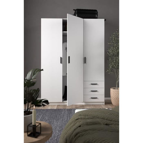 Armoire VEGA - Décor Blanc mat - 3 portes + 3 tiroirs - L 147 x P 49,6 x H 200,4 cm
