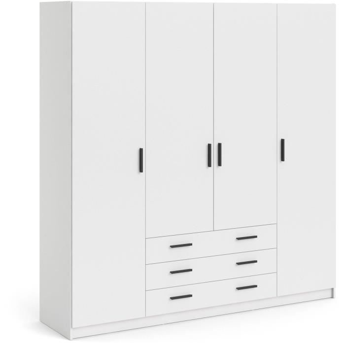 Armoire VEGA - Décor Blanc mat - 4 portes + 3 tiroirs - L 195,5 x P 49,6 x H 200,4 cm