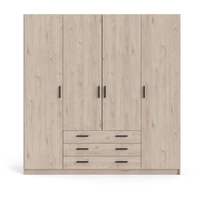 Armoire VEGA - Décor Chene Jackson - 4 portes + 3 tiroirs - L 195,5 x P 49,6 x H 200,4 cm