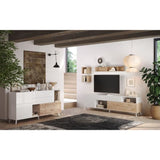 Meuble Tv - MONTECARLO XXL - 1 porte - 2 tiroirs - Blanc laqué / Chene Cadiz - 241 x 43 x 67 cm